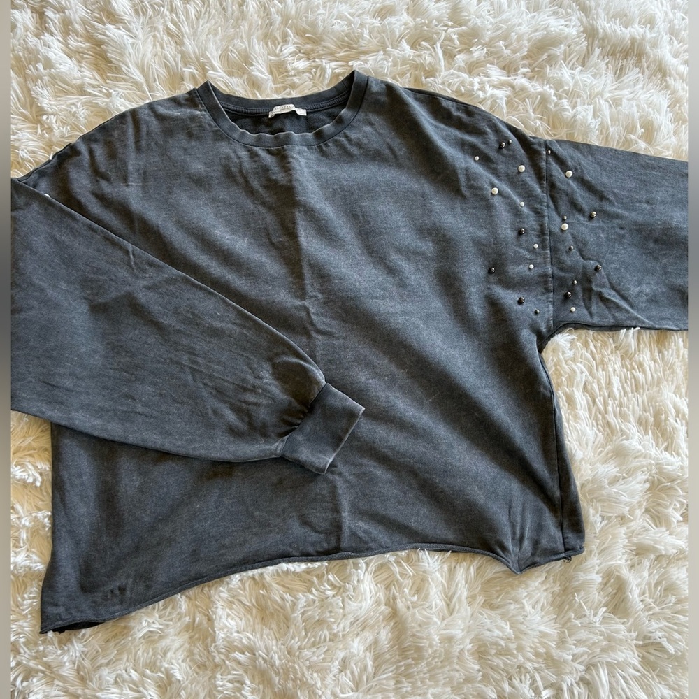 Zara | Charcoal Gray Pearl Studded Crewneck Sweatshirt - Picture 2 of 5